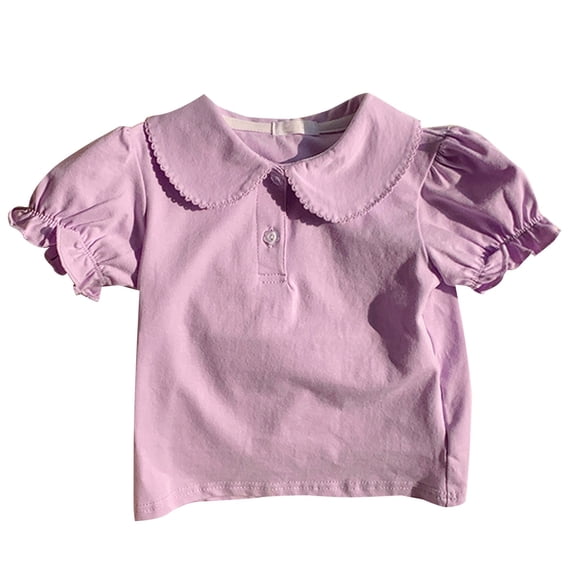 YunPes Kid Girls Peter Pan Collar Top Short Sleeve Solid Color Casual Basic Tee Shirt Blouse Puff Short Sleeve T-Shirt Birthday