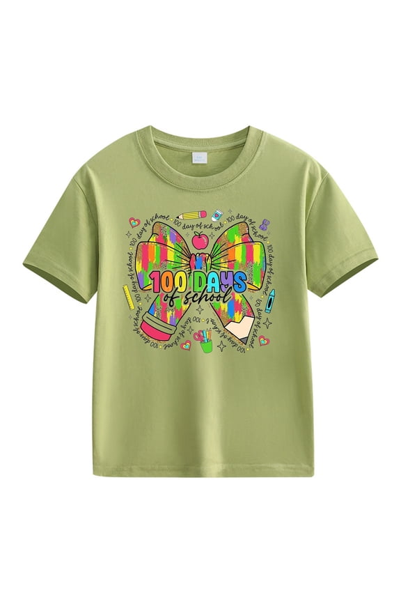 Kids Boys Girls 100 Days of School Shirt Short Sleeve Round Neck Graphic Cartoon Print Tee Tops Happy 100th Day T-Shirt