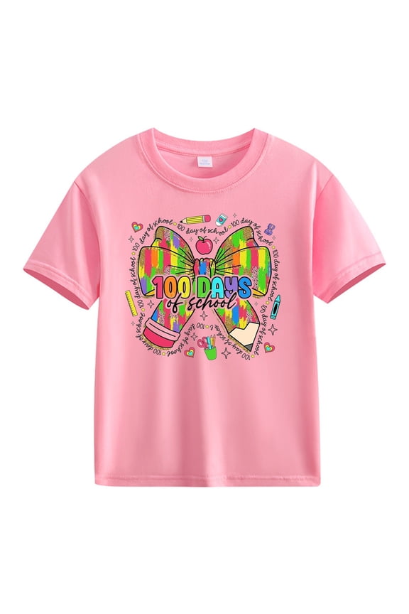 Kids Boys Girls 100 Days of School Shirt Short Sleeve Round Neck Graphic Cartoon Print Tee Tops Happy 100th Day T-Shirt