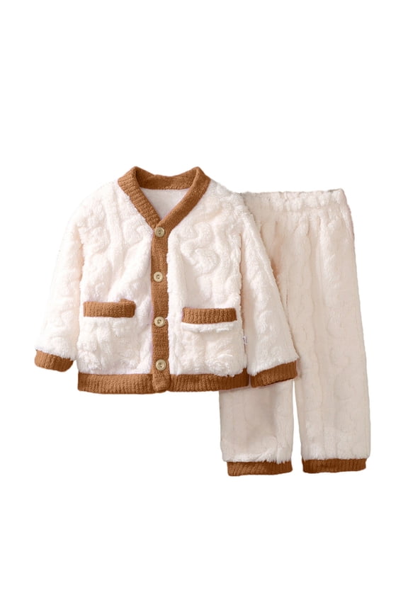 Kids Flannel 2 Piece Outfit Warm Thick Long Sleeve Button Down Tops Pants Suit Boys Girls Winter Cozy Soft Clothes Sets