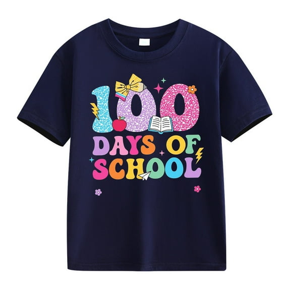 YunPes Kids Girls Boys T Shirts Fun Colorful Letter Print Short Sleeve Round Neck Tops 100th Day of School Summer Clothes