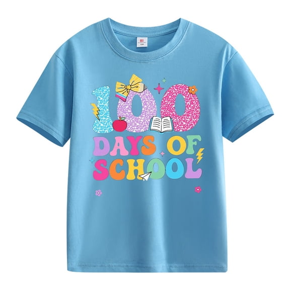 YunPes Kids Girls Boys T Shirts Fun Colorful Letter Print Short Sleeve Round Neck Tops 100th Day of School Summer Clothes