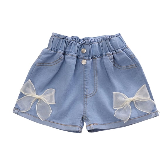 YunPes Kids Girls Denim Shorts Tulle Bow Elastic Waist Jean Shorts Casual Stretch Baggy Denim Hot Pants Cute Trendy Preppy Clothes