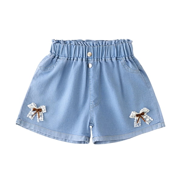 YunPes Kids Girls Denim Shorts Tulle Bow Elastic Waist Jean Shorts Casual Stretch Baggy Denim Hot Pants Cute Trendy Preppy Clothes