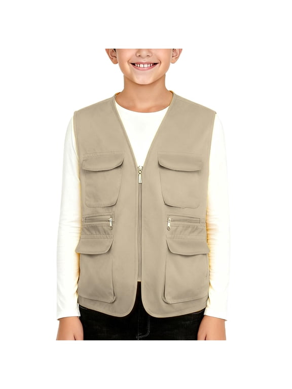 Kids Outdoor Cargo Jacket Vest Pocket Zipper Sleeveless Fishing Vest,Hiking Travel,Outdoor Explorer,Jacket Outfit for Young Boys