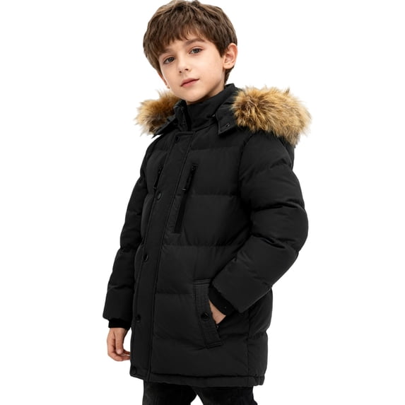 YunPes Kids Puffer Jackets Boys Winter Waterproof Warm Thick Padded Puffy Down Coat Casual Windproof Faux Hooded Outerwear
