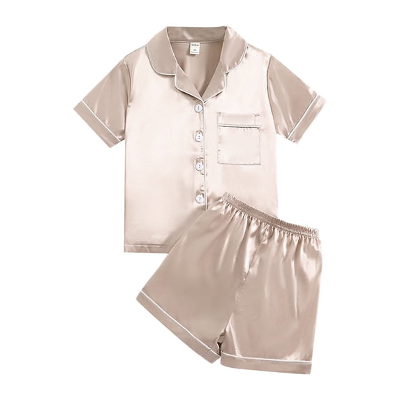 YunPes Kids Solid Color Satin SetS Button Down Short Sleeve Collared Tops + Elastic Waist Shorts Plain 2PC Outfits for Boys Girls