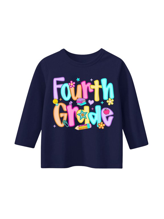 Multicolor Letter Print Long Sleeve T Shirt Boys Girls Fourth Grade Back to School Tee Tops Elementary Student Loose Casual School Clothes