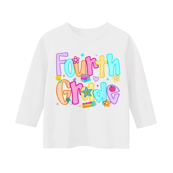YunPes Multicolor Letter Print Long Sleeve T Shirt Boys Girls Fourth Grade Back to School Tee Tops Elementary Student Loose Casual School Clothes
