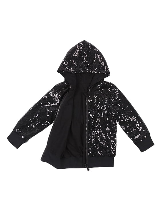 Sequin Hooded Jackets for Girls Full Zip Sparkly Long Sleeve Jacket Outerwear Trendy Glitter Hoodies Tops Stage & Party Holiday