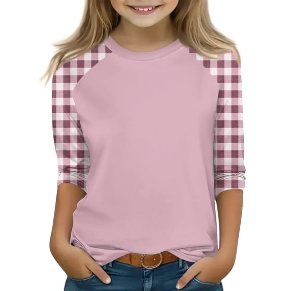 YunPes Shirts for Teens Girls Fashion Summer 3/4 Sleeve Tops Color Block Crew Neck 3/4 Sleeve Shirts Plaid Lightweight Blouses Cute