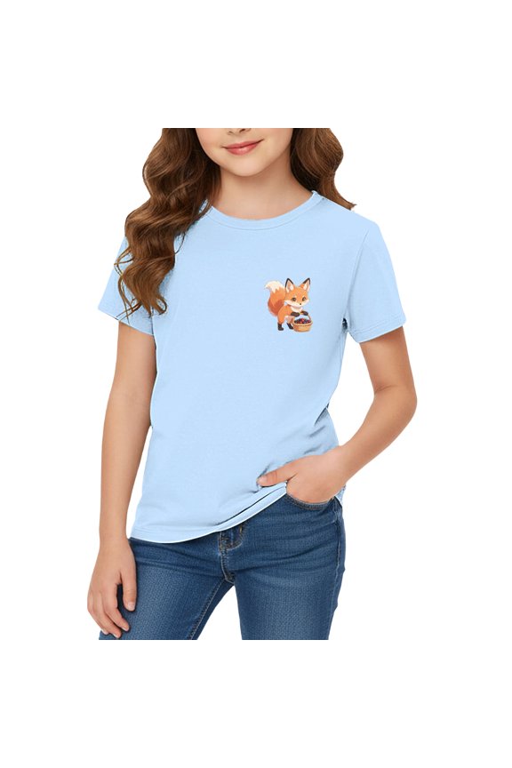 Short Sleeve T-Shirt for Girls Cute Squirrel Print Crewneck Tee Summer Casual Confortable Pullover Tops for Kids