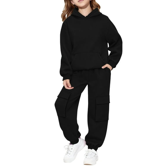 YunPes Sweatsuit Set for Boys Girls Plain Cotton Hoodies Athletic Pullover Sweatshirts Elastic Waist Cargo Sweatpants Set