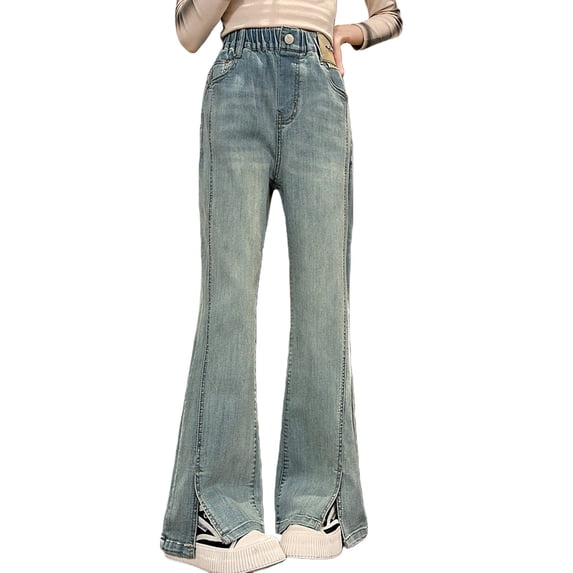 YunPes Teen Girls Flare Jeans High Waist Bell Bottom Pants Distressed Butterfly Patchwork Jeans Casual Cute Applique Denim Leggings