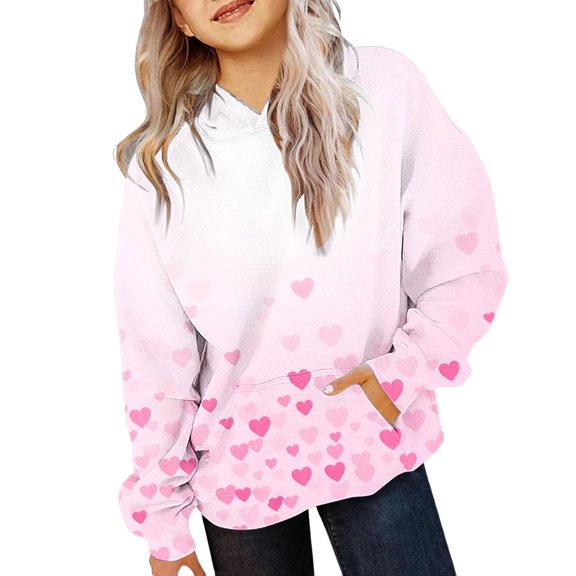 YunPes Teen Heart Print Hoodies Girls Boys Oversized Pullover Tops Cute Long Sleeve Hooded Sweatshirts Fall Winter Festival Sweaters