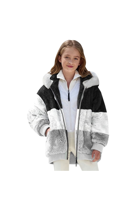 Teen Sherpa Fleece Winter Coat Boys Girls Fuzzy Furry Hooded Zipper 𝐂olor Block P𝐨lar Outerwear Soft Warm Jacket