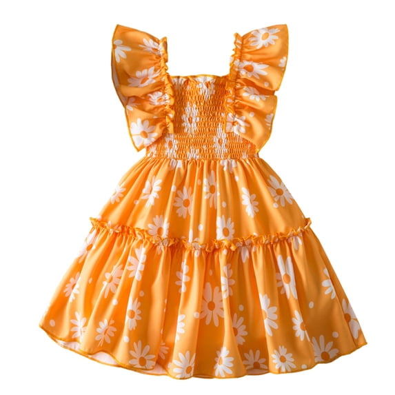 YunPes Toddler Baby Girls Flutter Sleeve Floral Dress Smocked Tiered Ruffle Flowy Sundress Summer Beach Vacation Flowers Dress