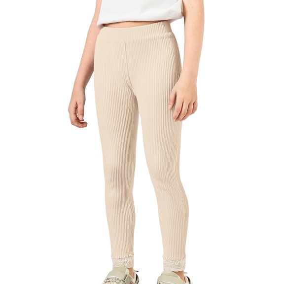 YunPes Toddler Baby Girls Leggings Basic Plain Rib Knit Athletic Pants Cute Lace Trim Footless Tight for Kids Yoga Gym Track Pants