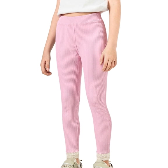 YunPes Toddler Baby Girls Leggings Basic Plain Rib Knit Athletic Pants Cute Lace Trim Footless Tight for Kids Yoga Gym Track Pants