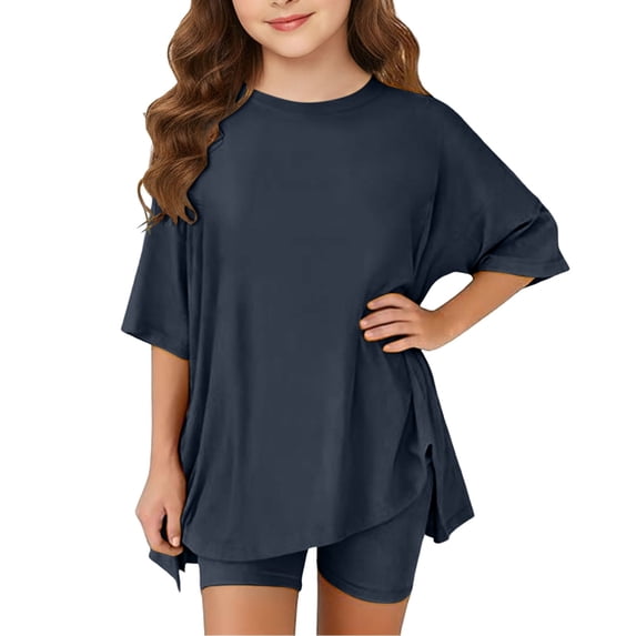 YunPes Toddler Baby Girls Summer Outfits Solid Oversized Side Split Short Sleeve Crewneck T-Shirt and Biker Shorts 2 Piece Set