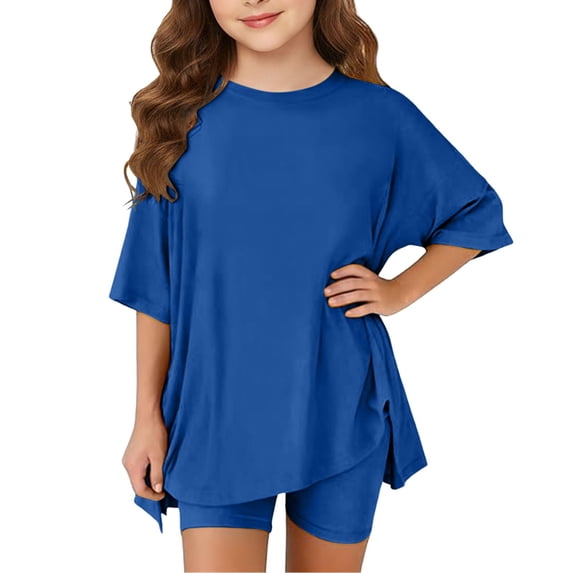 YunPes Toddler Baby Girls Summer Outfits Solid Oversized Side Split Short Sleeve Crewneck T-Shirt and Biker Shorts 2 Piece Set
