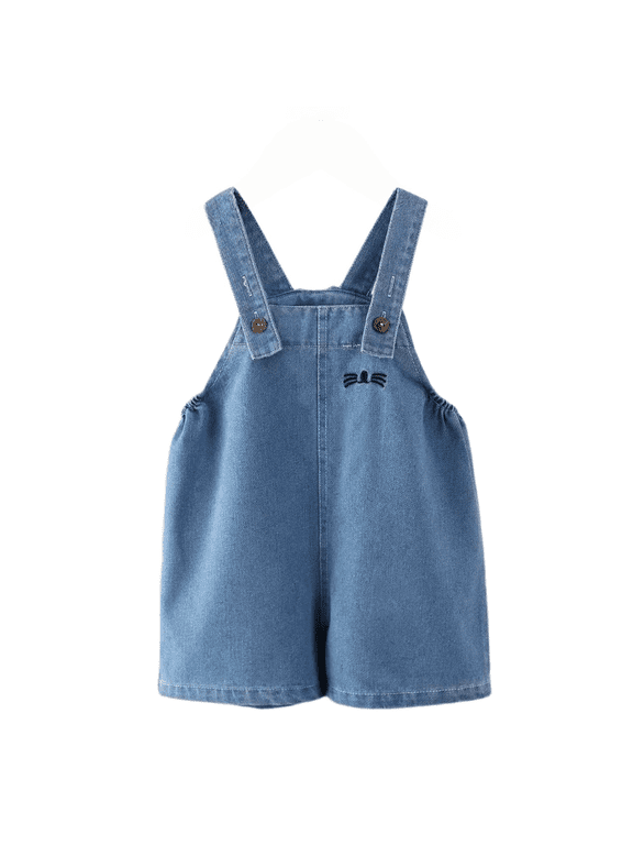 Toddler Baby Washed Denim Short Overalls Cat Embroidered Rompers with Adjustable Strap Loose Fit Wide Leg Shortalls for Unisex