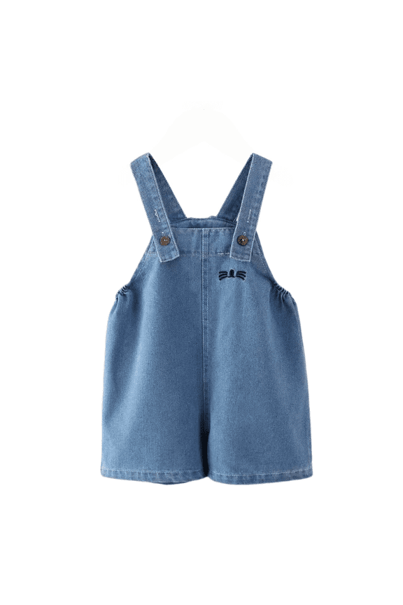 Toddler Baby Washed Denim Short Overalls Cat Embroidered Rompers with Adjustable Strap Loose Fit Wide Leg Shortalls for Unisex