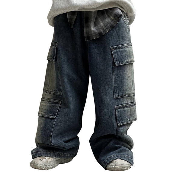 YunPes Toddler Boys Cargo Jeans Casual Wide Leg Denim Pants Oversized Baggy Jeans Y2K Hip Hop Washed Denim Pants Loose Fit Trousers