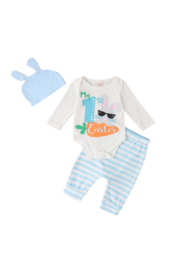 Toddler Girl Easter 3Pcs Outfits Bunny Egg Print Long Sleeve Round Neck Romper +Pants + Hat My First 1st Easter Clothes