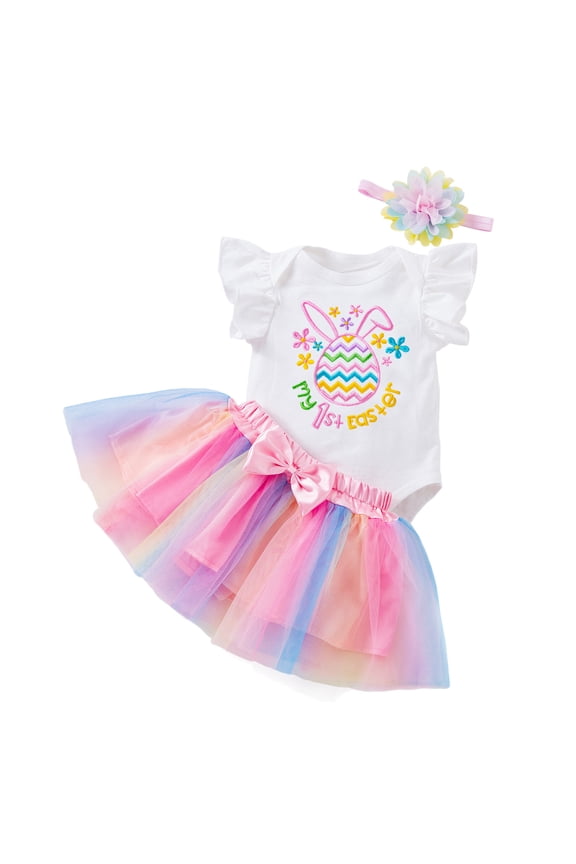 Toddler Girl Easter 3Pcs Sets Cute Cartoon Easter Print Ruffle Sleeveless Round Neck Romper + Tutu Skirt + Headband