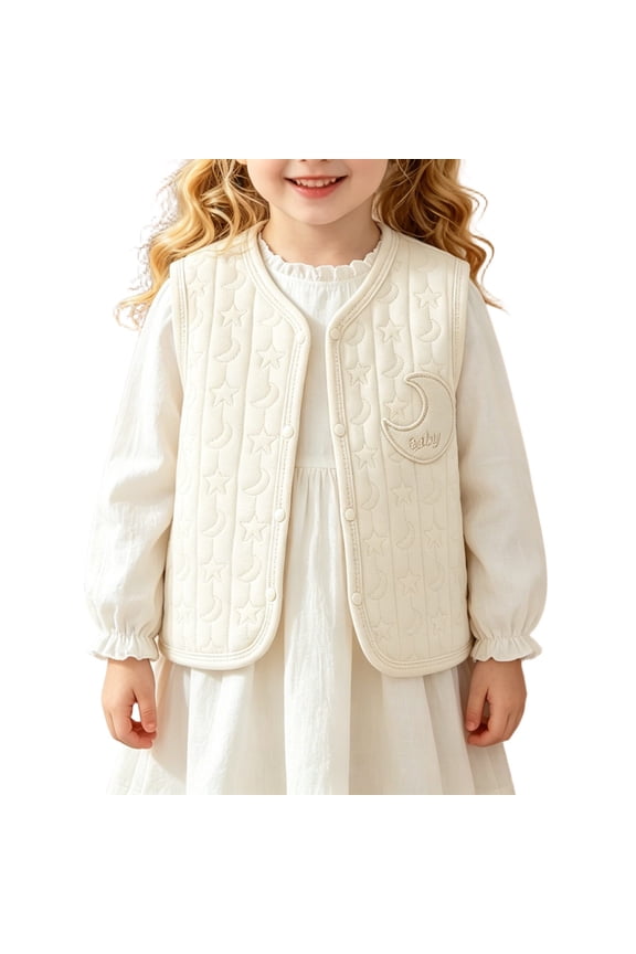 Toddler Girls Cotton Warm Vest Star & Moon Quilted Button-Up Sleeveless Tops Soft Comfy Spring Fall Padded Waistcoat for Kids
