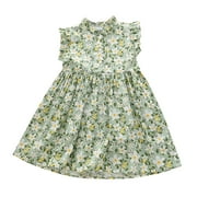 YunPes Toddler Girls Floral Dress Sleeveless Ruffle Mock Neck A-line Dress with Button Girls Summer Gathered Waist Flowy Dress