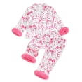 thumbnail image 1 of YunPes Toddler Girls Satin Outfits Bow & Heart Print Button Down Shirts Pants 2PC Sets Fuzzy Trim Cuffs Valentines Matching Sets 2PC, 1 of 7