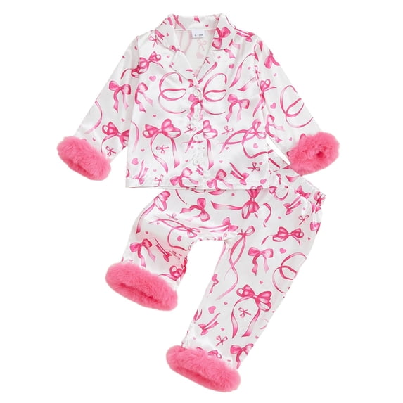 YunPes Toddler Girls Satin Outfits Bow & Heart Print Button Down Shirts Pants 2PC Sets Fuzzy Trim Cuffs Valentines Matching Sets 2PC