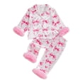 thumbnail image 1 of YunPes Toddler Girls Satin Outfits Bow & Heart Print Button Down Shirts Pants 2PC Sets Fuzzy Trim Cuffs Valentines Matching Sets 2PC, 1 of 7