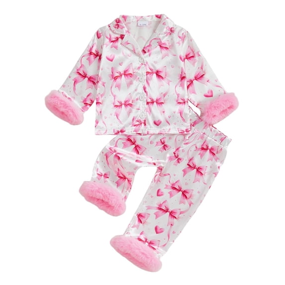 YunPes Toddler Girls Satin Outfits Bow & Heart Print Button Down Shirts Pants 2PC Sets Fuzzy Trim Cuffs Valentines Matching Sets 2PC