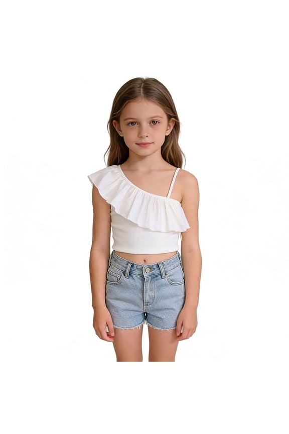 Toddler Girls Summer Tops Ruffle One Shoulder Crop Camisole Tops Ribbed Knitted Tops Trendy Slimed Fit Dance Beachwear Clothes