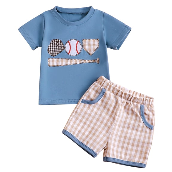 YunPes Toddler Kids Summer Clothes Baseball Themed Embroidery Short Sleeve T-Shirt Plaid Shorts Set 2Pc Summer Clothes for 0-3 Years