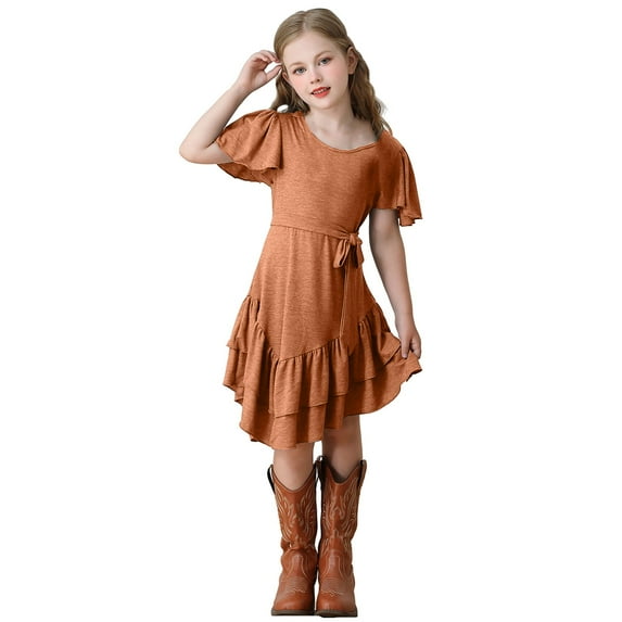 YunPes Tween Girls 2025 Summer Dresses Ruffled Short Sleeve A Line Swing Comfy Boho 𝐕intage Dress Teens Cute Clothes