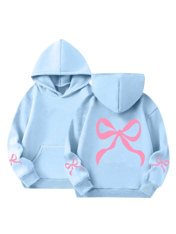 Tween Girls Back To School Hoodies Bow Print Cute Sweatshirts with Kangaroo Pocket Fall Fashion Baggy Preppy Pullover Tops