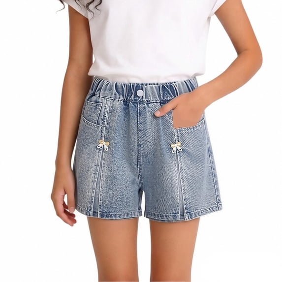 YunPes Tween Girls Jeans Flared Shorts Pleated Split Wide Leg Bermuda Denim Shorts with Bow Patched Summer Beach Jorts