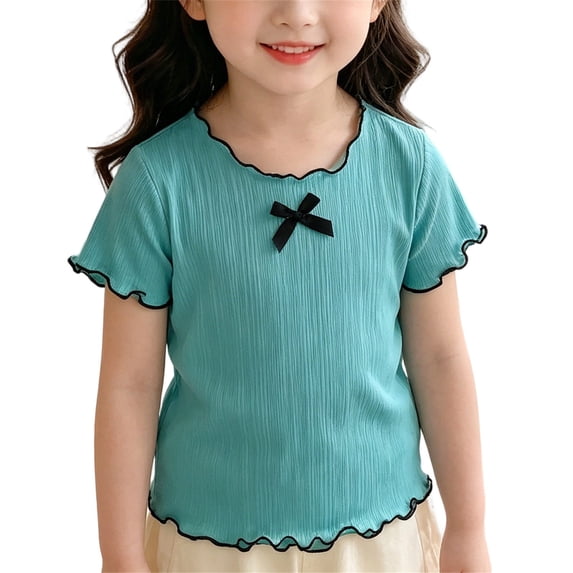 YunPes Tween Girls Ribbed Short Sleeve T Shirt Lettuce Trim Crew Neck Tees Tops Summer Cute Casual Bowknot Clothes for Kids