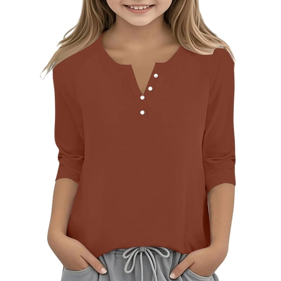 YunPes Unisex Kids 3/4 Sleeve Henley Shirts Dressy Button up V Neck Raglan Tops Loose Plain Fashion Blouse for Girls 3‐14 Years