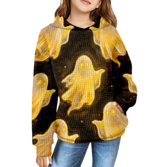 YunPes Unisex Kids Hoodie Boys Girls Waffle Textured Sweatshirt Cute Ghost Print Long Sleeve Hooded Pullover Spring Fall Clothes