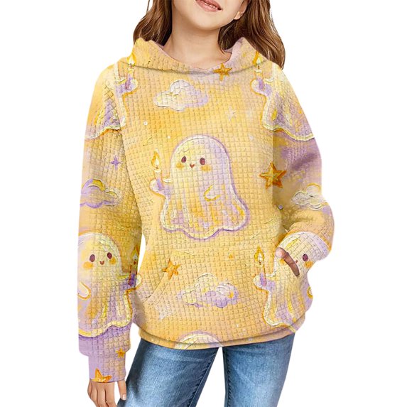 YunPes Unisex Kids Hoodie Boys Girls Waffle Textured Sweatshirt Cute Ghost Print Long Sleeve Hooded Pullover Spring Fall Clothes