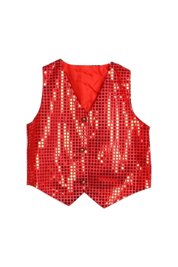 Unisex Kids Sparkly Vest V-Neck Button Down Sequined Waistcoat Boys Girls Stage Performance Clothes Halloween Party Birthday