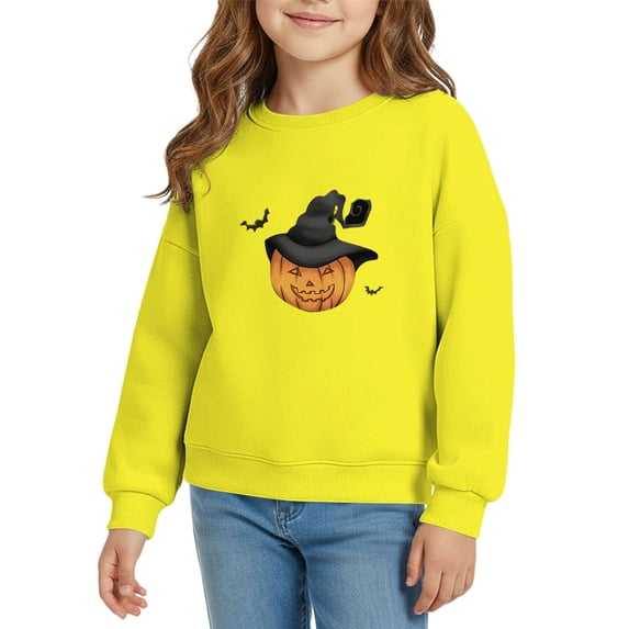 YunPes Unisex Kids Sweatshirt Boys & Girls Halloween Witch Hat Pumpkin Graphic Pullover Long Sleeve Crewneck Tops Spring Fall School Daily Wear