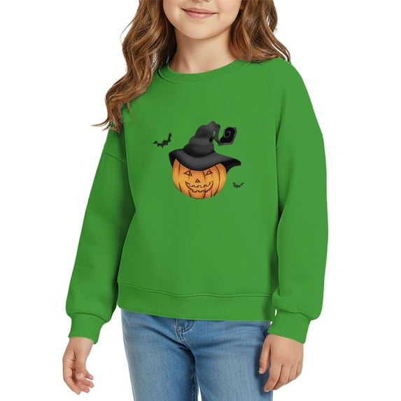 YunPes Unisex Kids Sweatshirt Boys & Girls Halloween Witch Hat Pumpkin Graphic Pullover Long Sleeve Crewneck Tops Spring Fall School Daily Wear