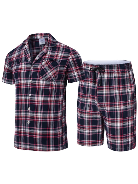 Mens Cotton Pajama Sets Short Sleeve Sleepwear Button Down Loungewear Pjs with Pockets