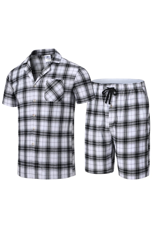 Mens Cotton Pajama Sets Short Sleeve Sleepwear Button Down Loungewear Pjs with Pockets